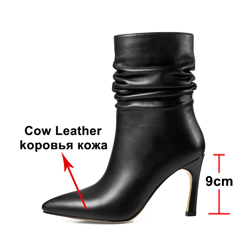 ANNYMOLI Winter Ankle Boots Women Natural Genuine Leather Zip Thin Heel Short Pleated Extreme High Shoes Lady | Обувь