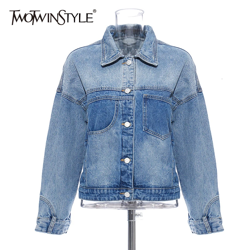 TWOTWINSTYLE асимметричный хит цветные джинсовые куртки для женщин воротник с