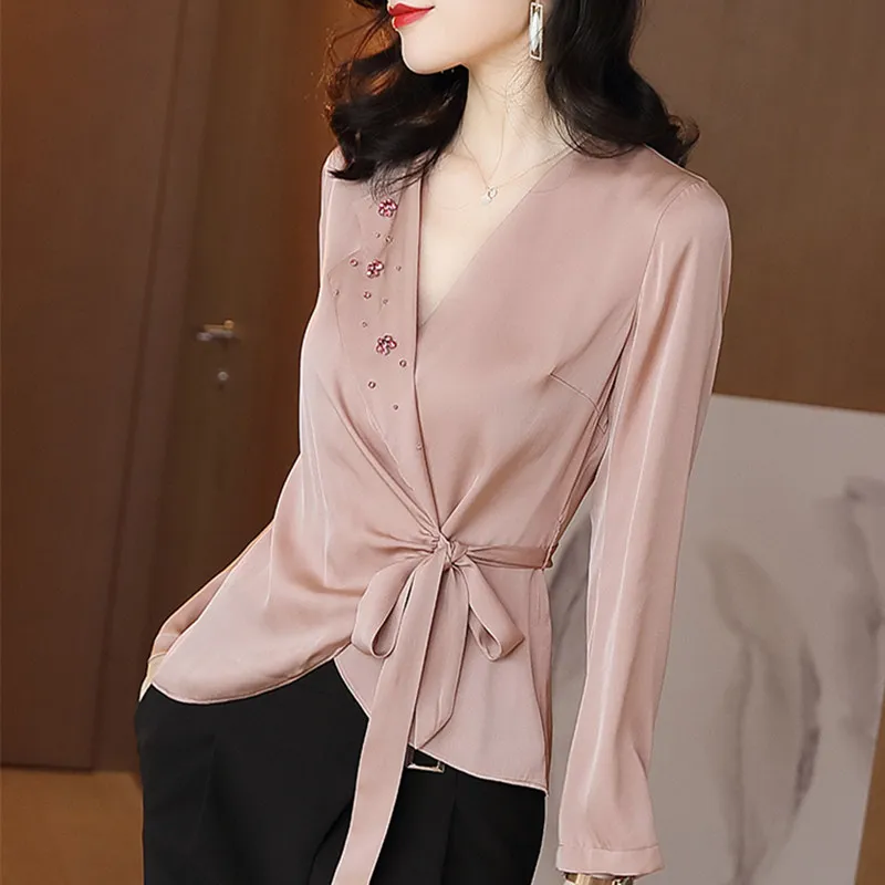 Тяжелая шелковая женская рубашка с длинным рукавом Женская атласная розовая