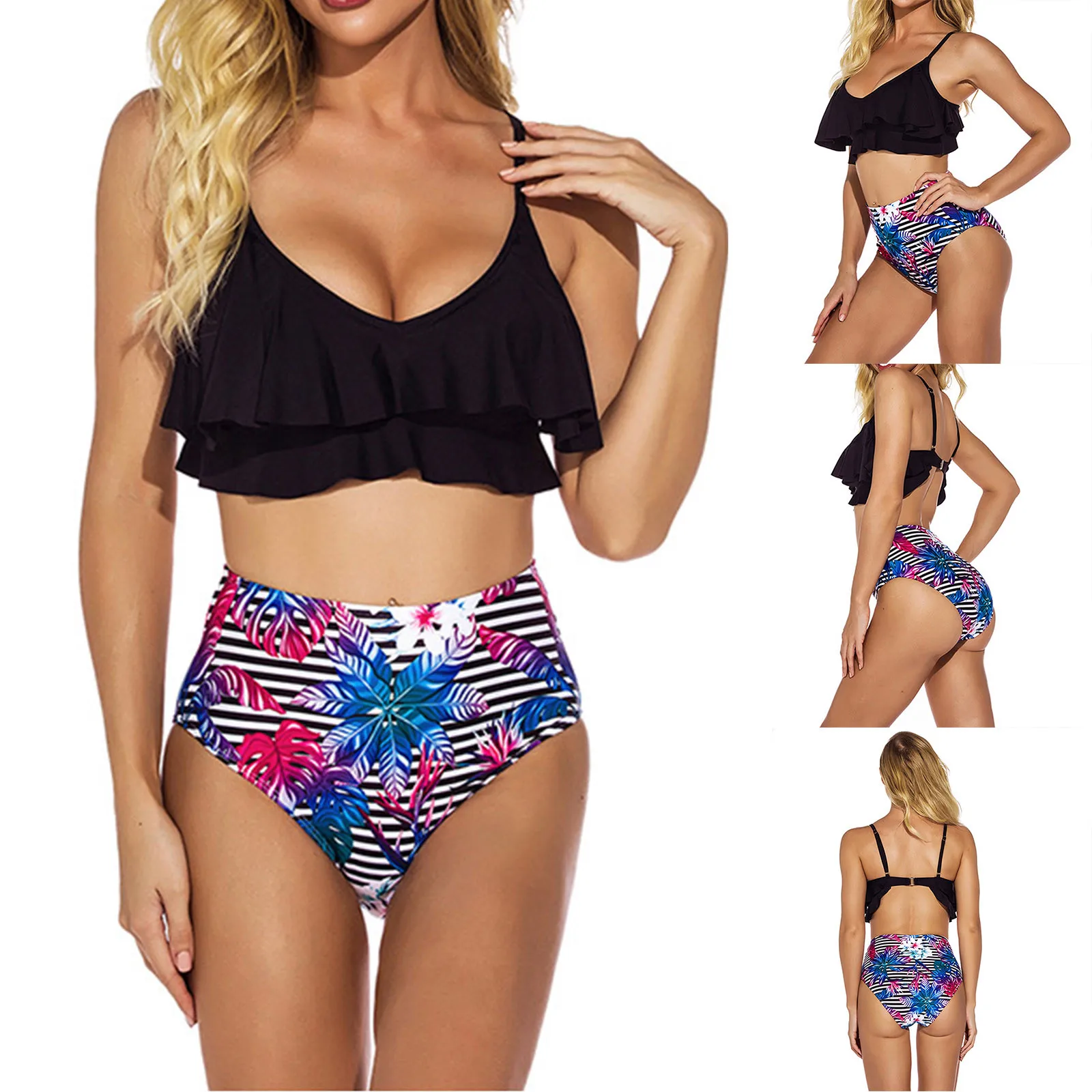 Купальник женский с рюшами и высокой талией пикантный купальник из 2 предметов на