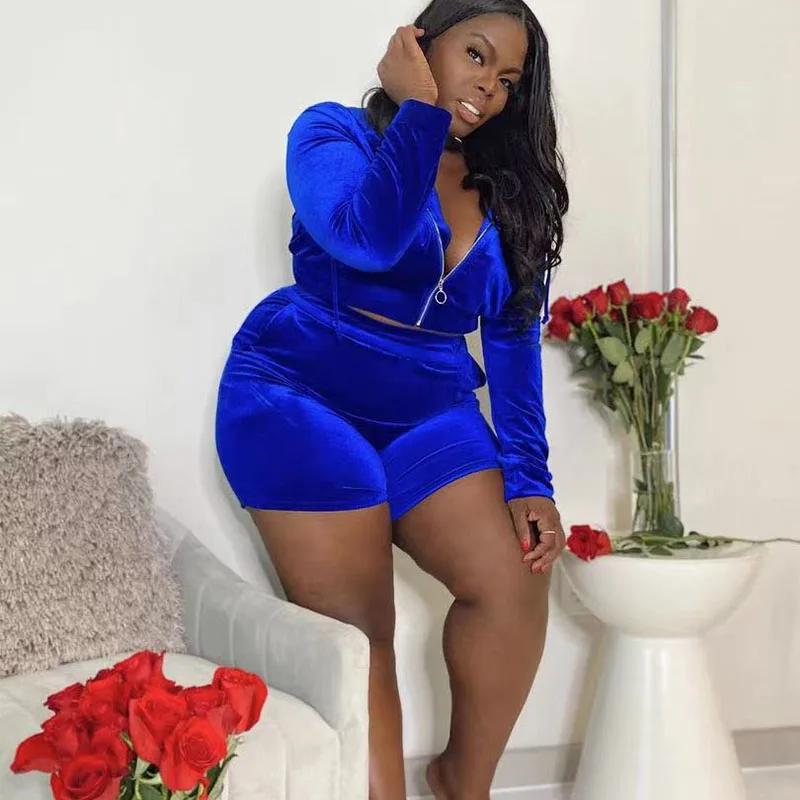 

2022 Plus Size Women Clothing Two Piece Set Hooded Tops and Shorts Blue Outfits Sexy Velvet Shorts Sets Dropshipping Wholesale