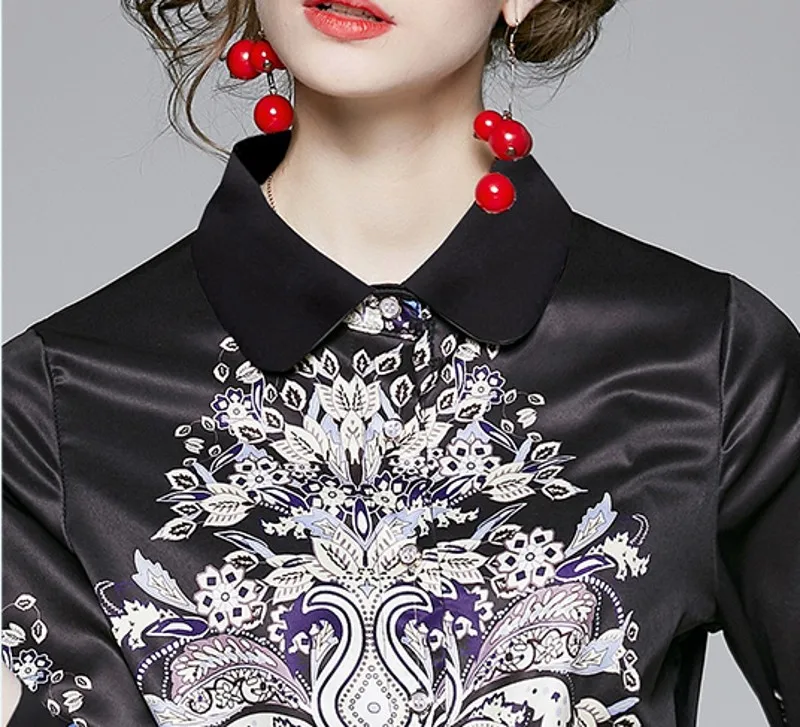 

Autumn Fashion Suits Women's Elegant Printed Shirt tops + Vintage Printed Knee Length Skirt 2 Pieces Sets