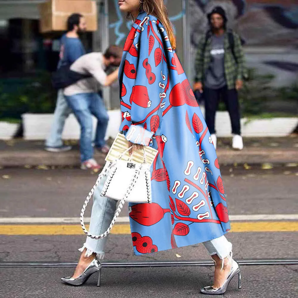 

Loose Printed Long Sleeve Coat Women Winter Woolen Coat Women