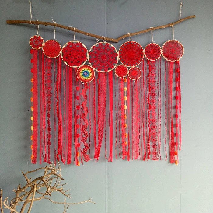 

DIY Red tapestry wall hanging Cotton Dreamcatcher Wedding Background Decoration party decor boho wall hanging