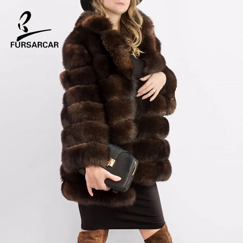 FURSARCAR отстегивающееся натуральное меховое пальто для женщин, зимнее плотное пальто из лисьего меха с большим меховым воротником, роскошная полоска из натурального меха соболя