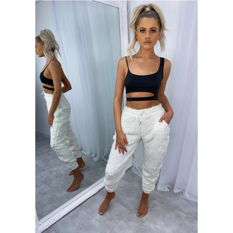 

Casual Furry Plush Sweatpants 2020 Winter Women Joggers Trousers Plus Size Solid Color Lace-up Soft Warm Home Fleece Pants