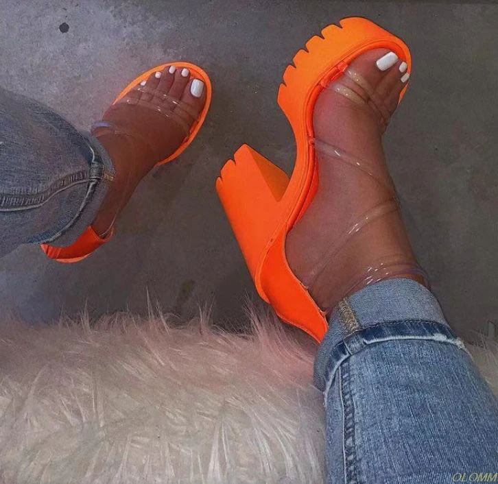orange high-heeled cross PVC straps outdoor travel sandals rubber bottom non-slip slippers increased new women's sandals - Цвет: orange