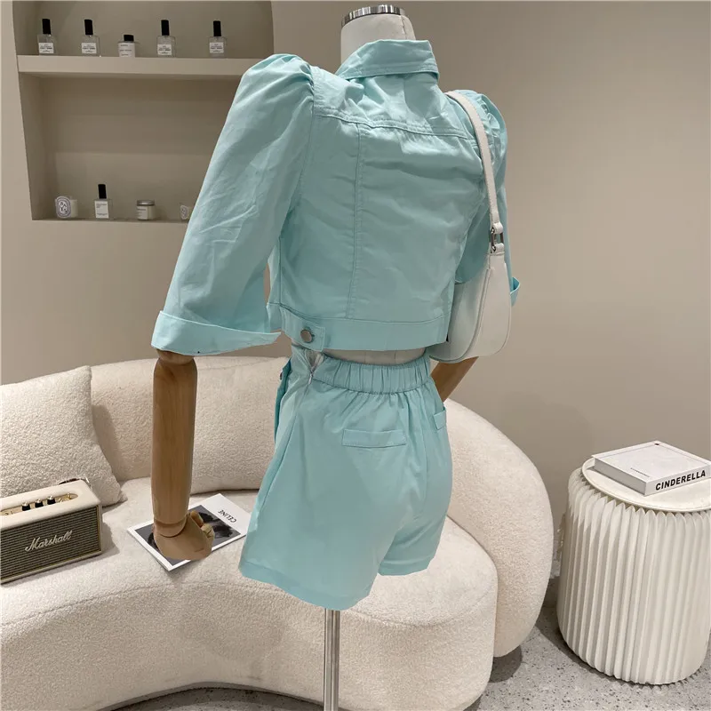 

Women's Spring Summer 2021 NewMiddle sleeve button top Bubble Sleeve short Coat + high waist pantskirt
