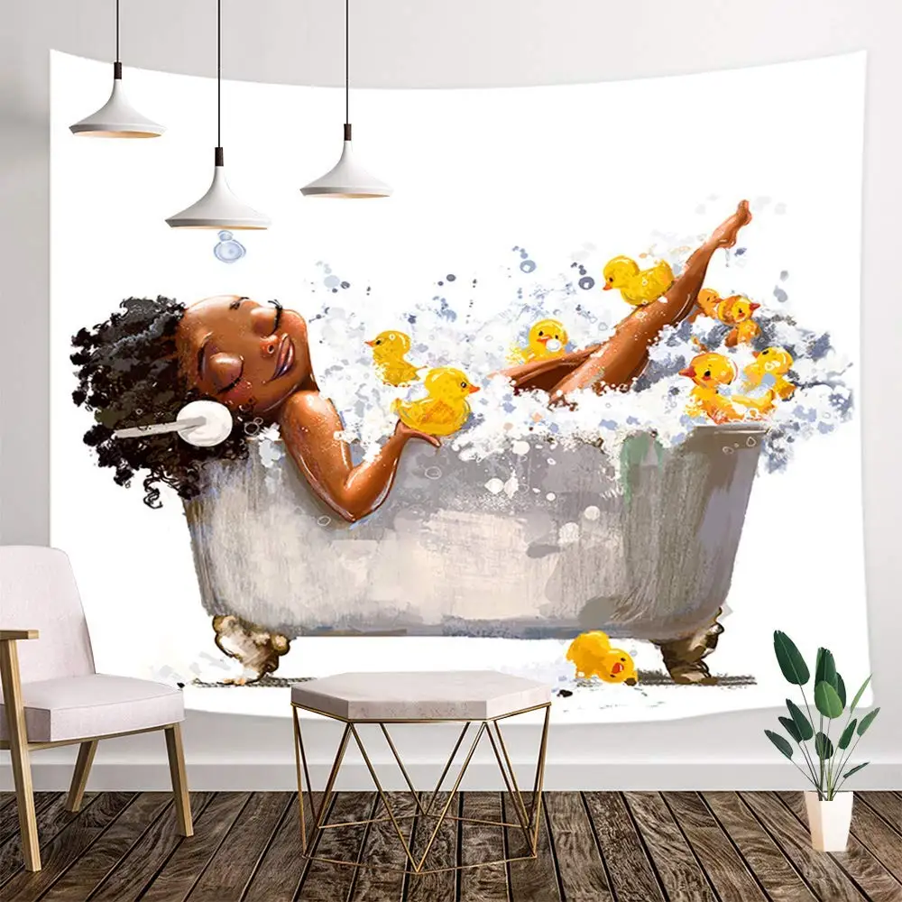 Африканская афро женщина с наушниками и утенок ванны в ванной гобелен