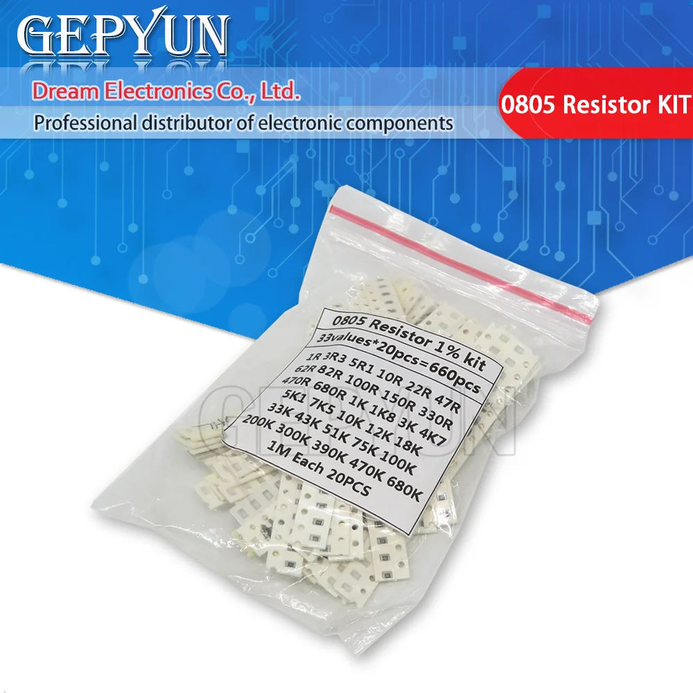 

33ValuesX 20pcs=660pcs Sample kit 0805 SMD Resistor Kit Assorted Kit 1ohm-1M ohm 1%