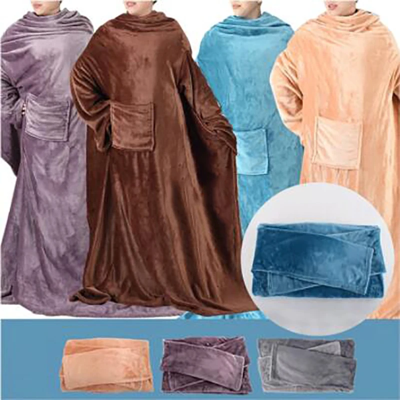 

Women Men Warm Soft Coral Fleece Cuddle Snuggle Blanket with sleeves family winter warm wool blanket robe shawl with sleeves