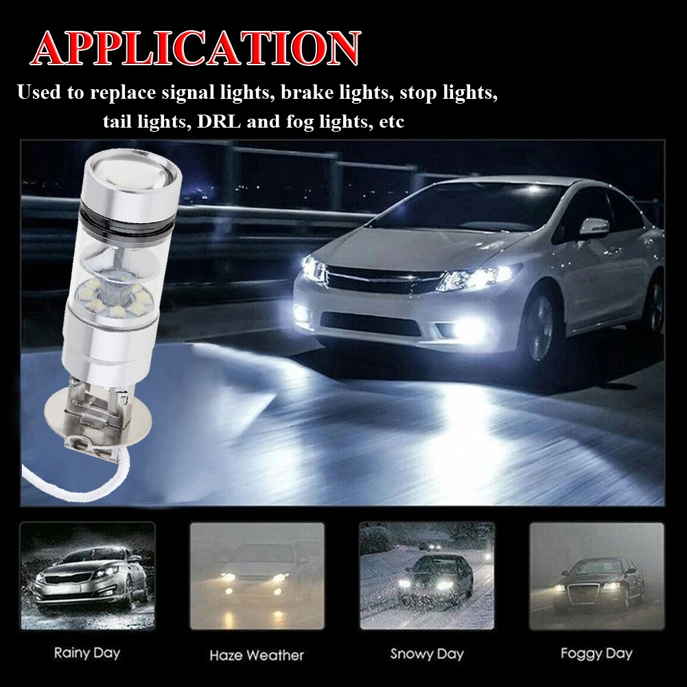 

2pcs H3 LED Fog Light 100W Super Bright Chips Car Driving Bulb 12/24V White Daytime Running Universal Auto Accessories Tools
