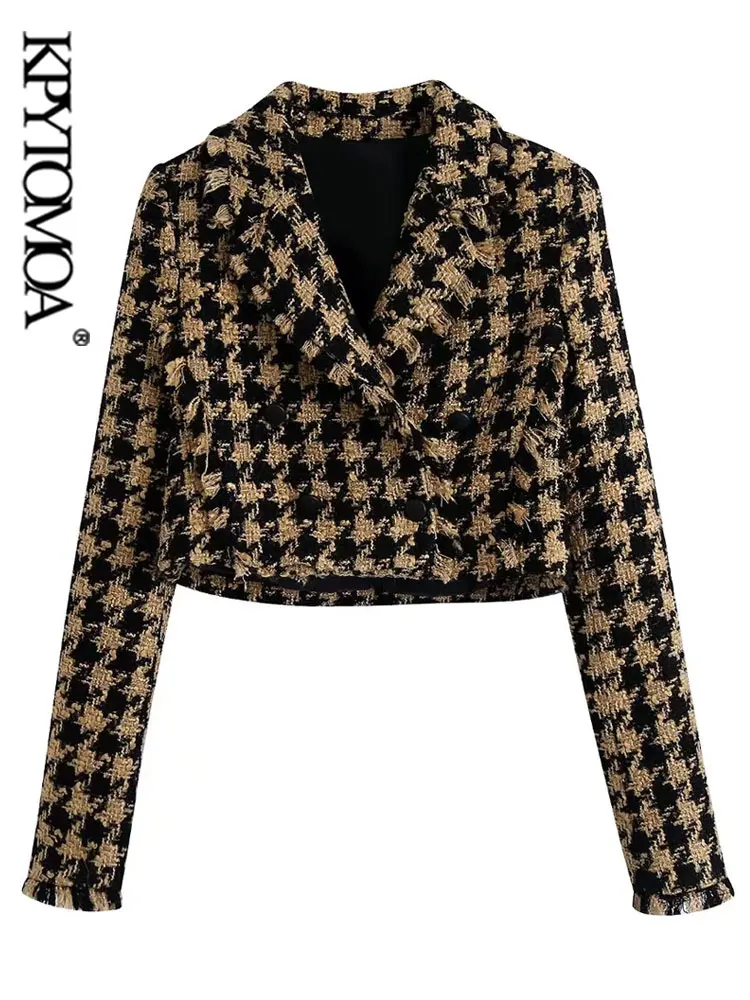 

KPYTOMOA Women Fashion Tweed Cropped Blazer Coat Vintage Long Sleeve Frayed Trims Female Outerwear Chic Veste Femme