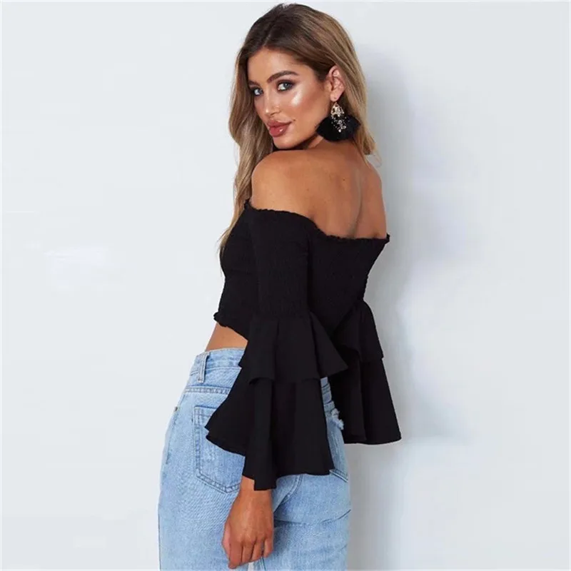 

Rainbowspray Wholesale Woven Women Off Shoulder Lantern Sleeve Crop Top