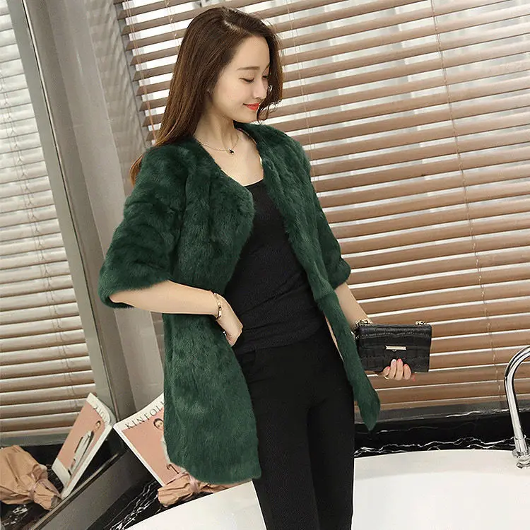 2021 Women Winter New Mid-Long Real Rabbit Fur Coats Female Slim  Outwear Ladies Genuine Fur Warm Solid Jackets U679