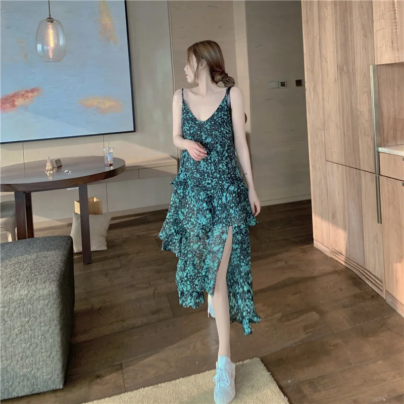 

Design Sense V-neck Strap Irregular Long Dress Women's Niche Summer Vacation Vintage Floral Dress 2021 New