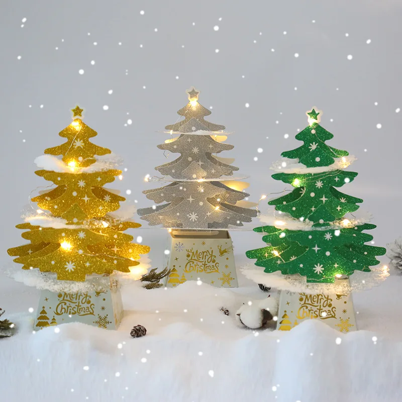 

3D Christmas Card Decorations Mini Desktop Christmas Tree Ornaments Shiny Xmas Tree with LED Light for Gifts