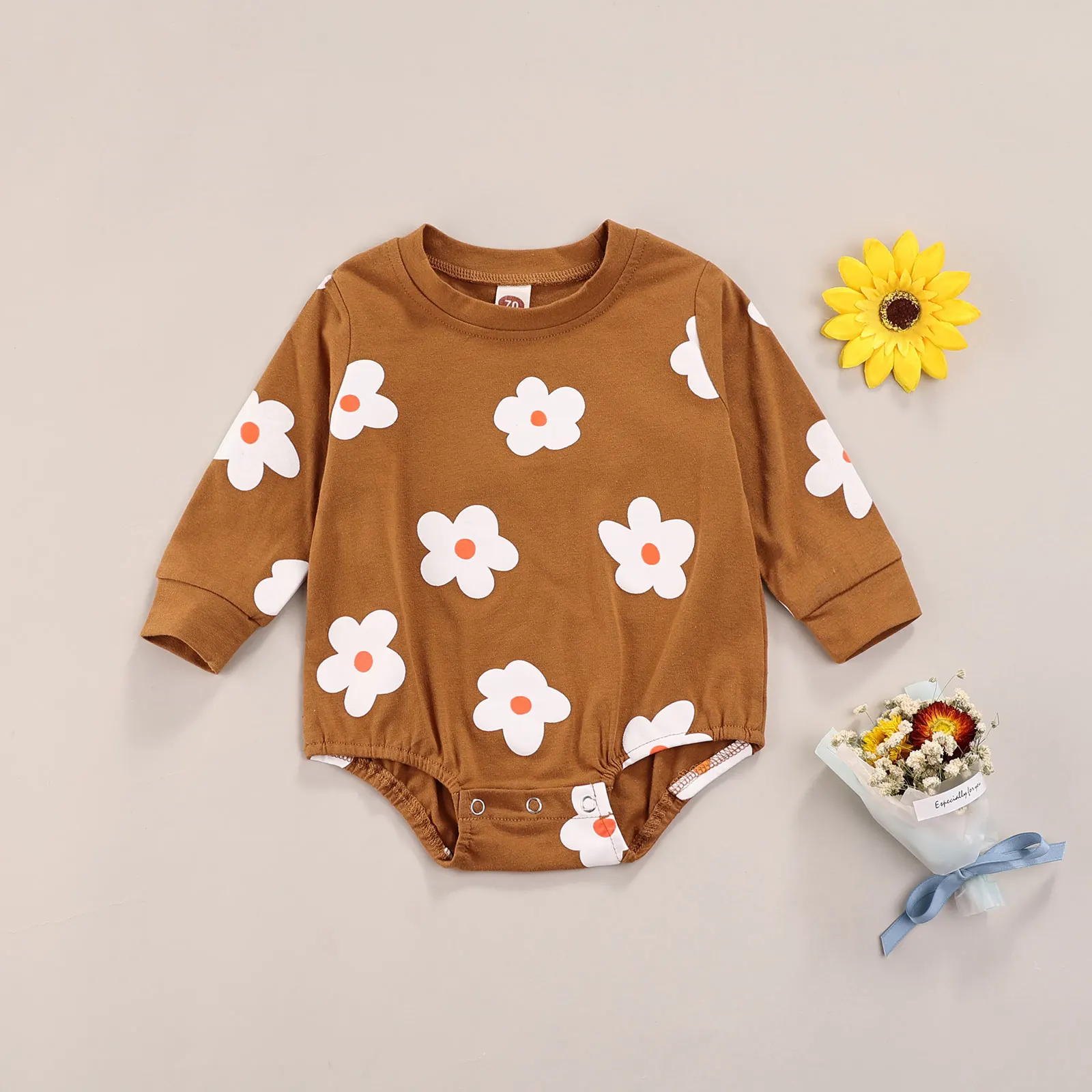 

0-24 Months Full Sleeve Baby Girls Autumn Rompers, Flower Print Long-sleeves Jumpsuit with Crotch Snaps for Toddlers
