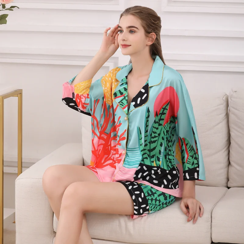 Women Silk Pyjamas Femme Satin Pijama Sleepwear Short Sleeve Fashion Pajamas for girl Nightwear Suit Home New 2021 Home Clothes
