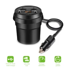 Dual USB Car Charger Adapter Car Cup Holder with 2 Cigarette Lighter Socket Type DC 12-24V Support Volmeter Current Display