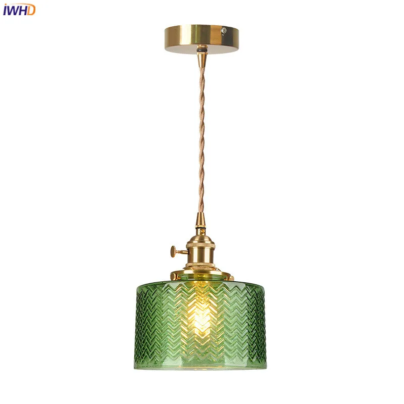 

IWHD Modern Green Glass Hanging Lamp Copper Knob Switch Dinning Living Room Lights Nordic LED Pendant Light Luminaria Hanglamp