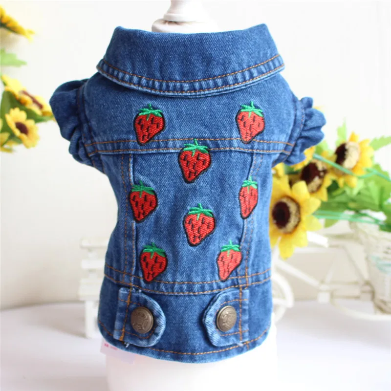 

Brilliant Small Dog Denim Jacket Strawberry Puppy Coat Jean Embroidered Pet Vest Fall Winter Clothes For Chihuahua Siberian Pup