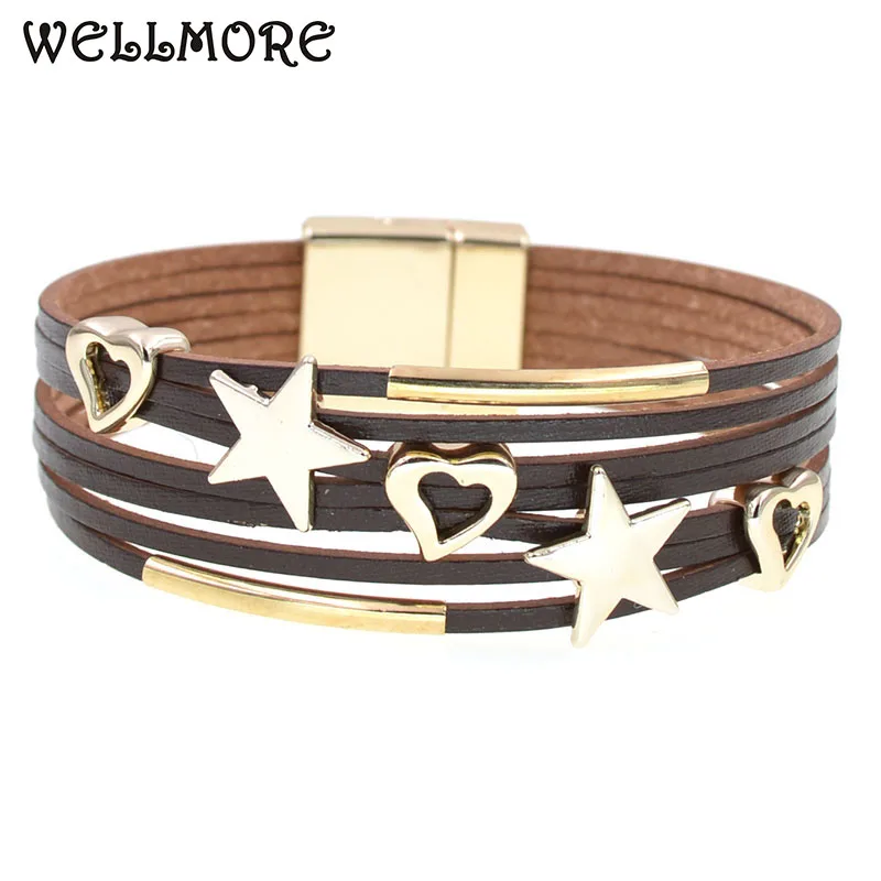 Женские кожаные браслеты WELLMORE металлические со звездами и сердечками