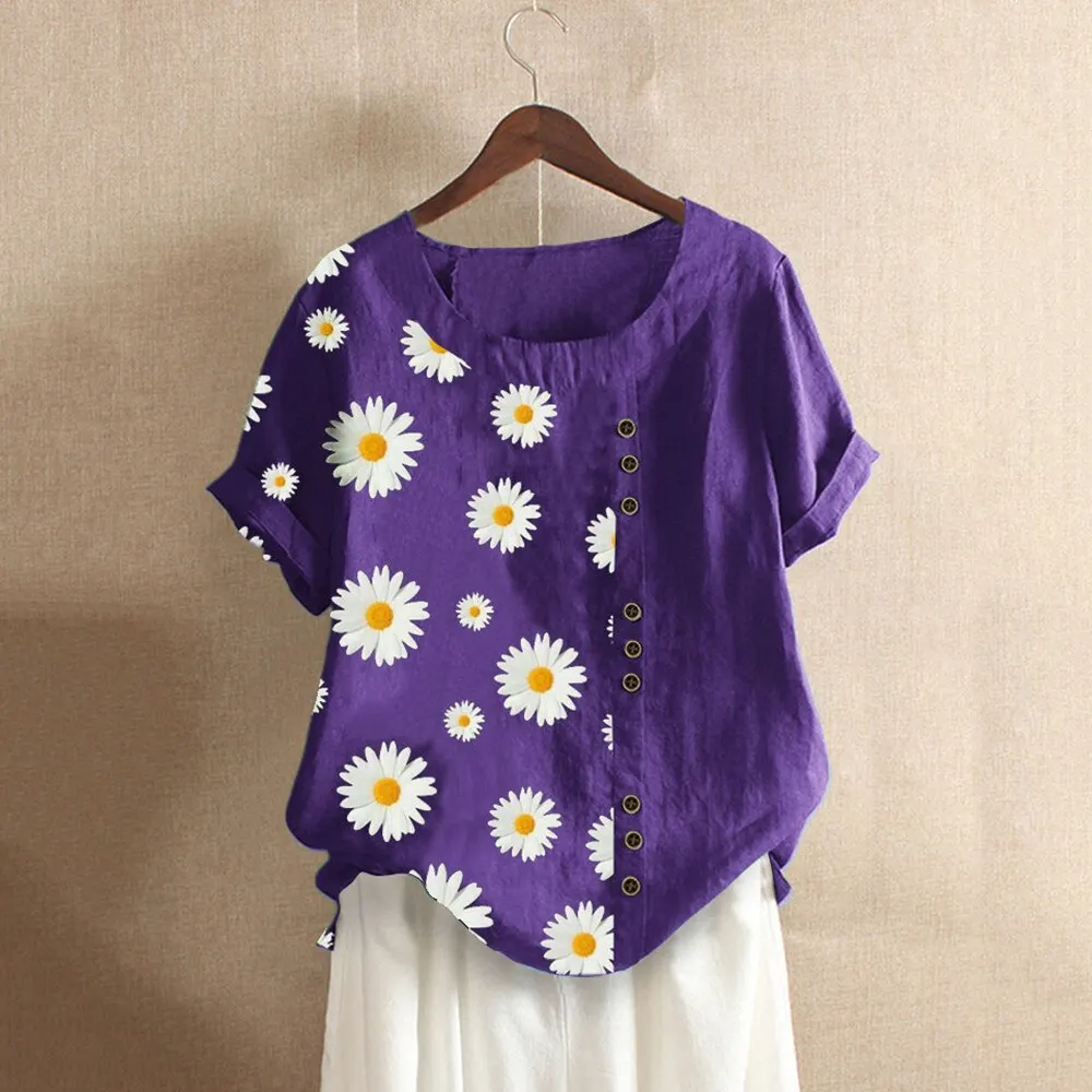 

Summer Daisy Print Buttons Blouse Shirts Elegant O-neck Blouses Women Short Sleeve Flower Printed Top Pullover Blusa Feminina