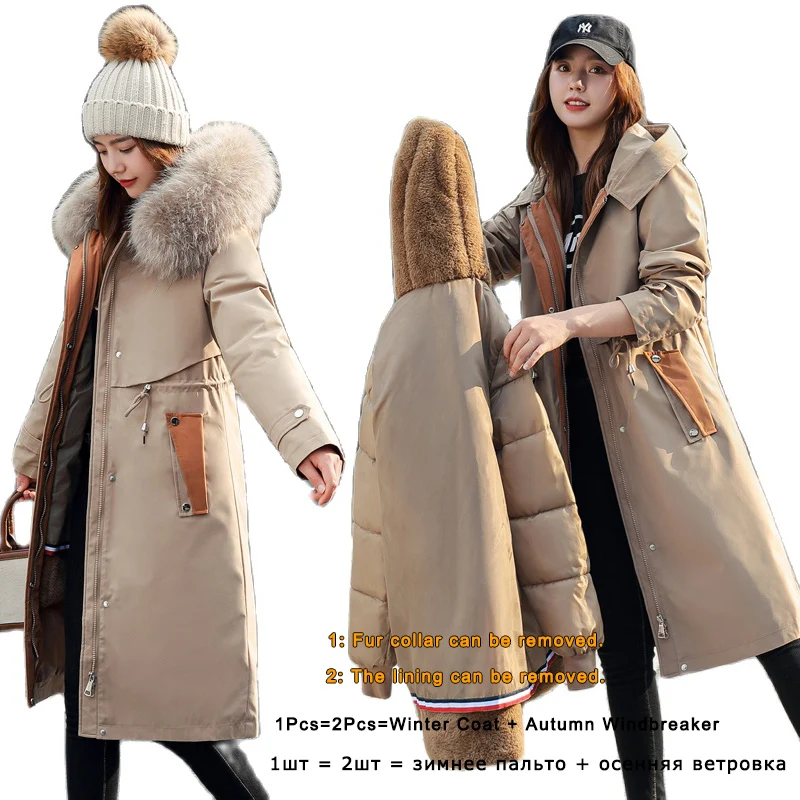 

Женская парка со съемной кашемировой подкладкой, куртка с большим меховым воротником и капюшоном, теплая толстая верхняя одежда, зима 2021