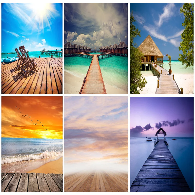 Vinyl Custom Summer Seaside Natural Scenery Wooden Floor Photography Backgrounds Sky Photo Backdrops Studio Props 210309TFX-04