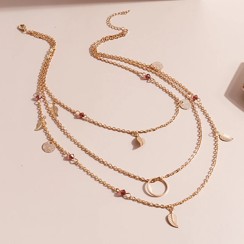 

New Fashion Bohemian Multilayer Pendants Crystal Leaf Clavicle Chain Necklaces for Women Girls Anniversary Valentine's Day Gifts