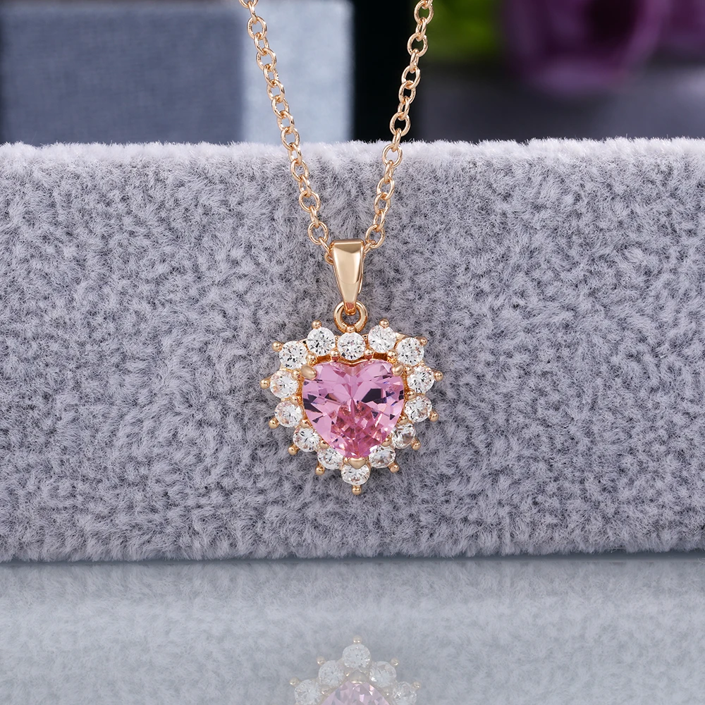 

Huitan Gorgeous Pink Color Heart Pendent Necklace Women Engagement Wedding Bridal Necklaces Brilliant CZ Girls Statement Jewelry