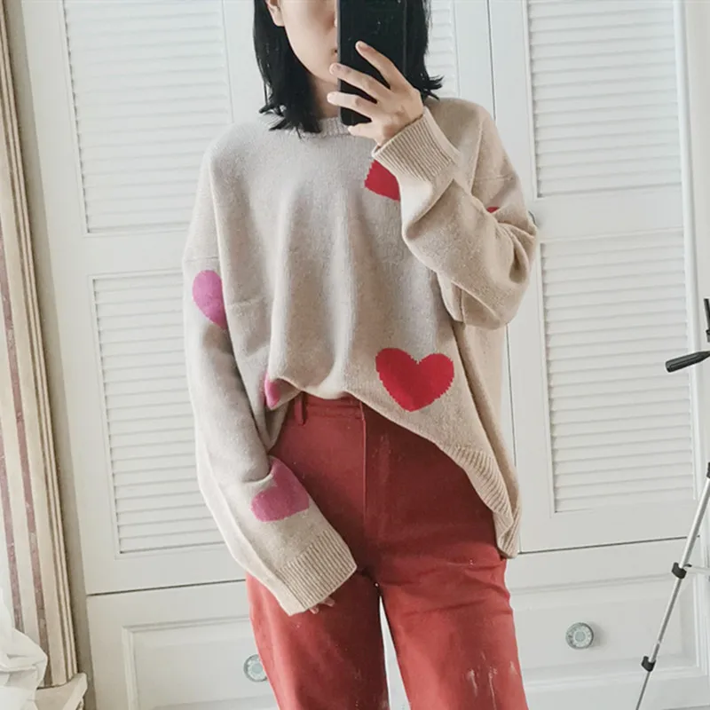 

Color Heart Pattern Jacquard Sweater Women's O-neck Loose Long Sleeve Sweet Top Pull 2020 Autumn