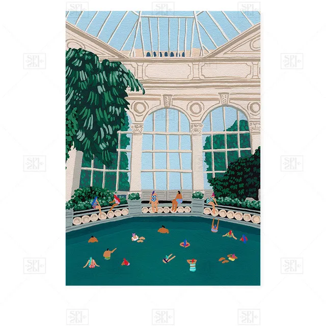 

Cartoon Swimming Pool Summer Seaside Vacation Illustration Canvas Painting Wall Art Poster Prints Picture Living Room Home Decor