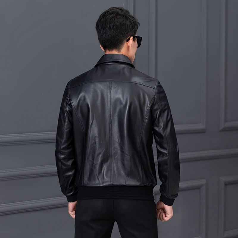 

Пальто из натуральной кожи для мужчин из овечьей кожи с лацканами на молнии свободные карманы короткая куртка осень-зима повседневная обув...