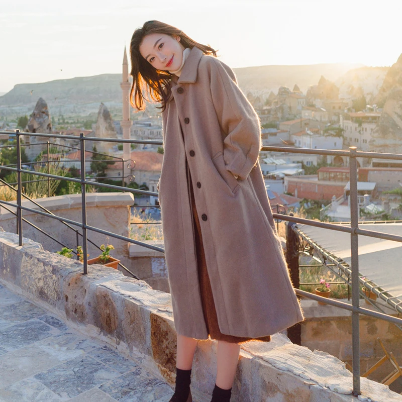 

2020New woolen coat women's long section autumn and winter new chic Korean version of loose ladies woolen coat tide