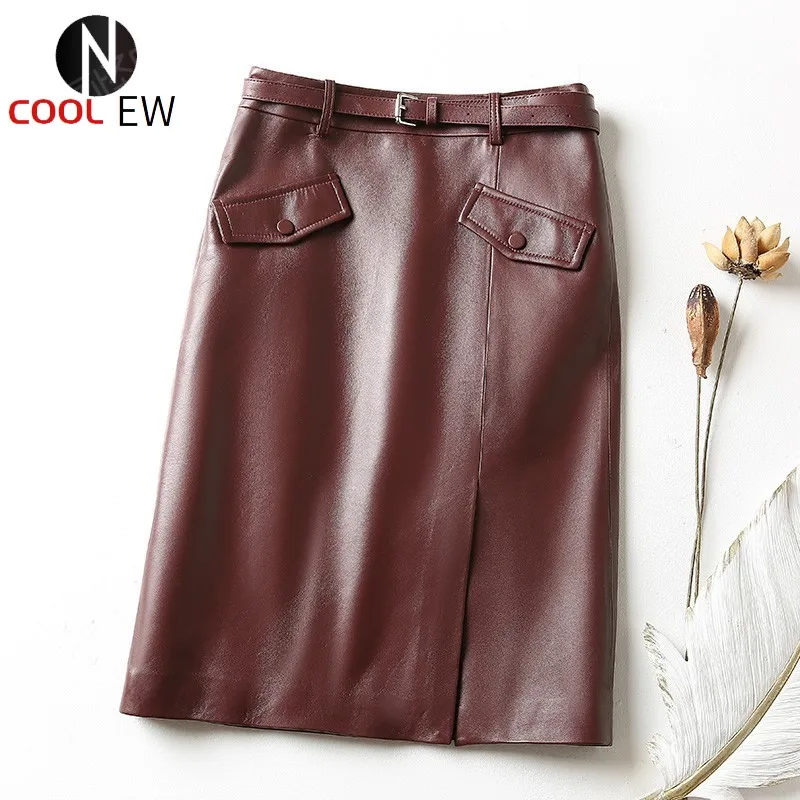 

Genuine Leather Midi Skirts Women Elegant High Waist Slim Wrap Skirts Street Front Split Sheepskin Office Lady Skirts S-2XL