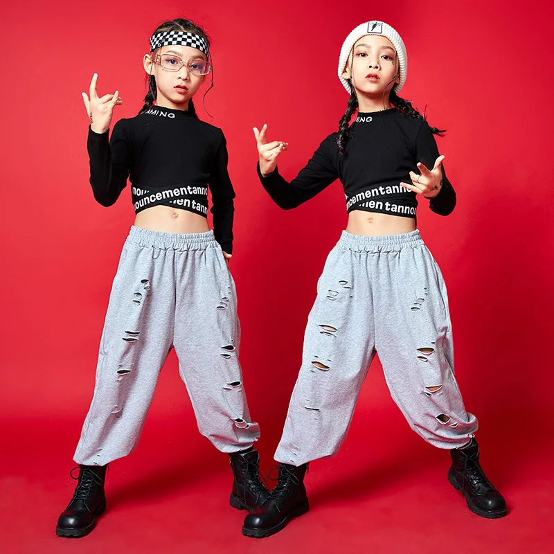 

Jazz Costume Hip Hop Girls Clothing Black Tops Gray Hole Hip Hop Pants for Kids Performance Modern Dancing Clothes Street Wear