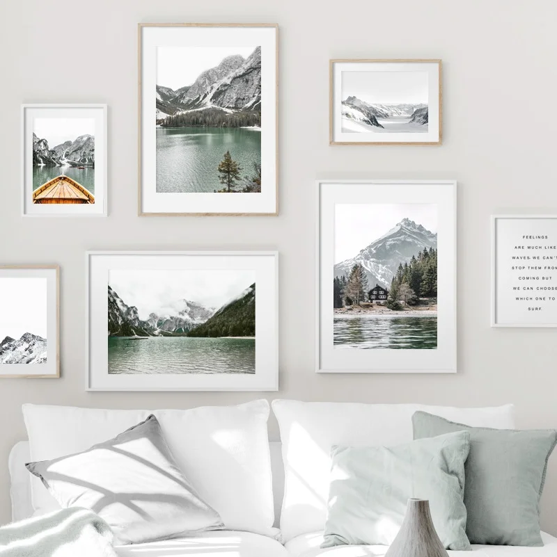 Alps Ice Гора Озеро Лодка лес дом настенная Картина на холсте скандинавские постеры