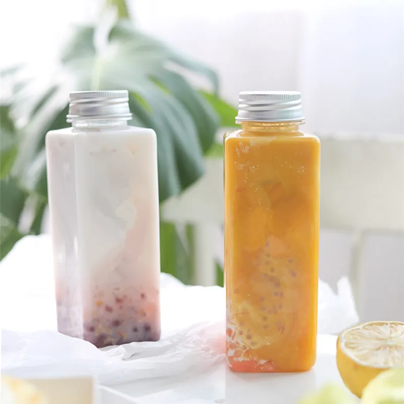 

20pcs Net red 350ml drinking plastic bottles square clear PET cold drink ice coffee juice milk tea yogurt packaging cup with lid