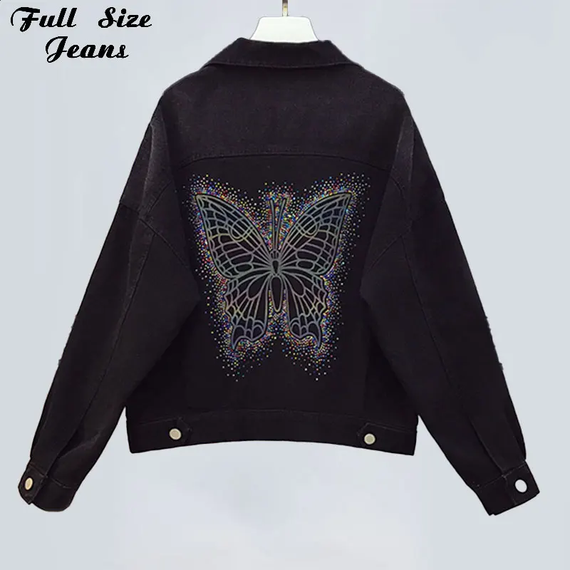 

Plus Size Harajuku Reflective Butterfly Print Women Bomber Jeans Jackets 5XL Spring Retro Vintage Y2K Loose Denim Coats Outwear