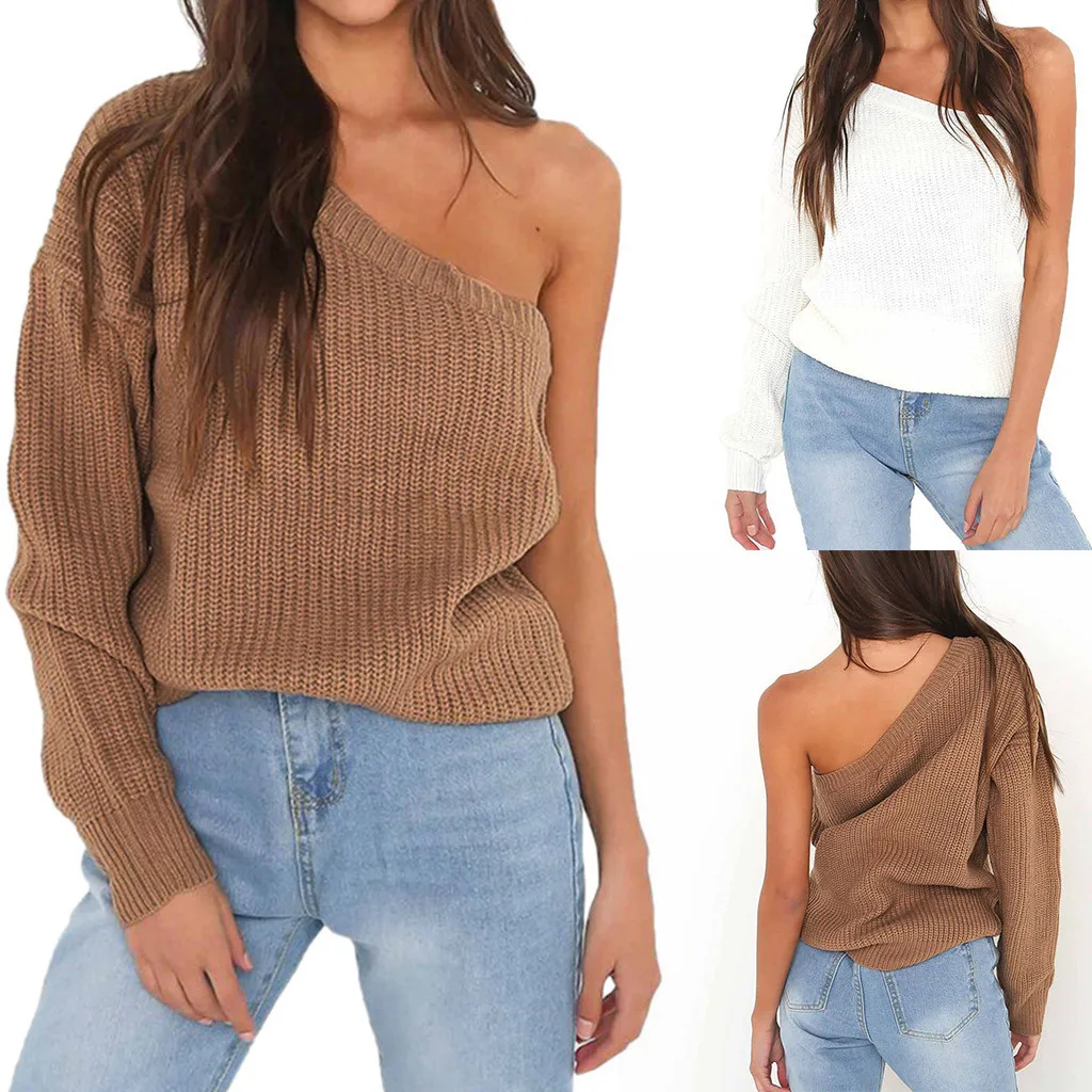 Женский свитер с длинным рукавом на одно плечо однотонный Осень-зима пуловер