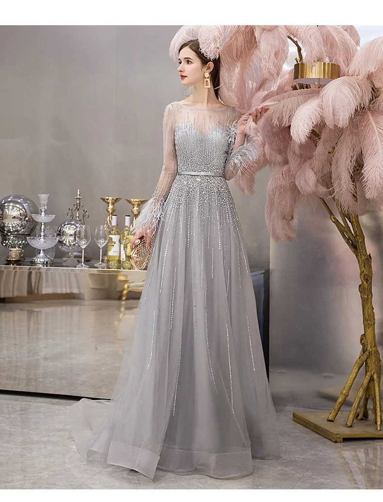 Вечернее платье с длинными рукавами тонкий кристалл бисером серый длинный