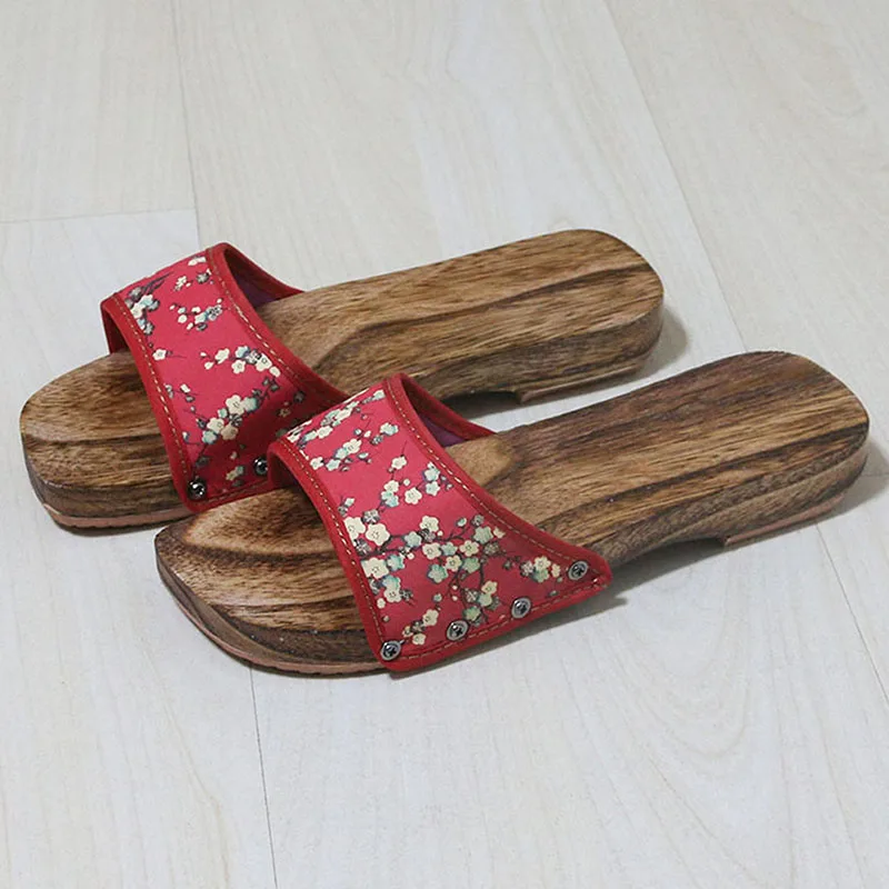 Red flower Г., летние Geta сабо, женские деревянные Вьетнамки, новые стильные шлепанцы модные Geta сабо с заклепками, женские сандалии Zapatos De Mujer - Цвет: Red flower