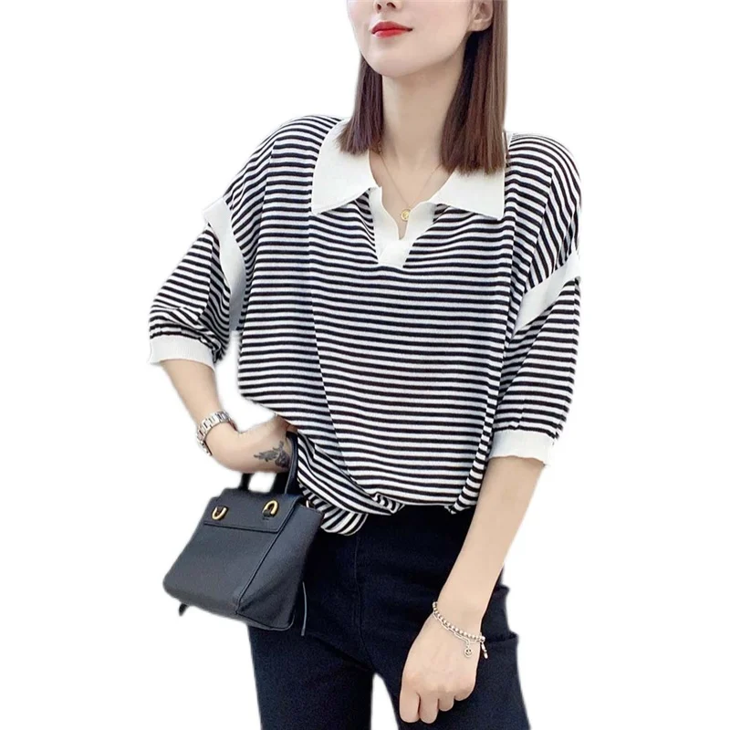 

2021 Promotion 20549 (2 Rooms, 3 Rows, No.6 Lower) Non Real Net Red Picture Lapel Stripe Short Sleeve Knitted T-shirt [2000] 31