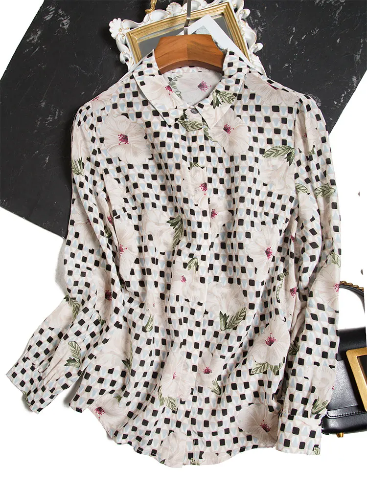 

White Peach Blossom Printed Mulberry Silk Long Sleeve Shirt Plaid Blouse