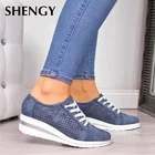 Кроссовки женские на танкетке, холщовые дышащие сникерсы на платформе, с заостренным носком, сетчатая обувь, лето-осень