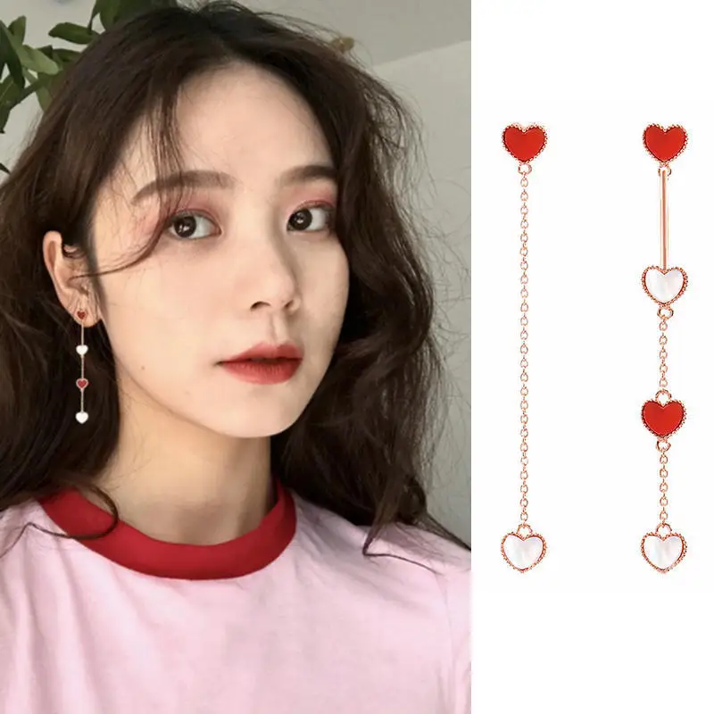 Korean Red Heart Long Fringe Earrings Pure Silver Needle Acrylic Boucle D'oreille Femme 2019 Dangle | Украшения и аксессуары