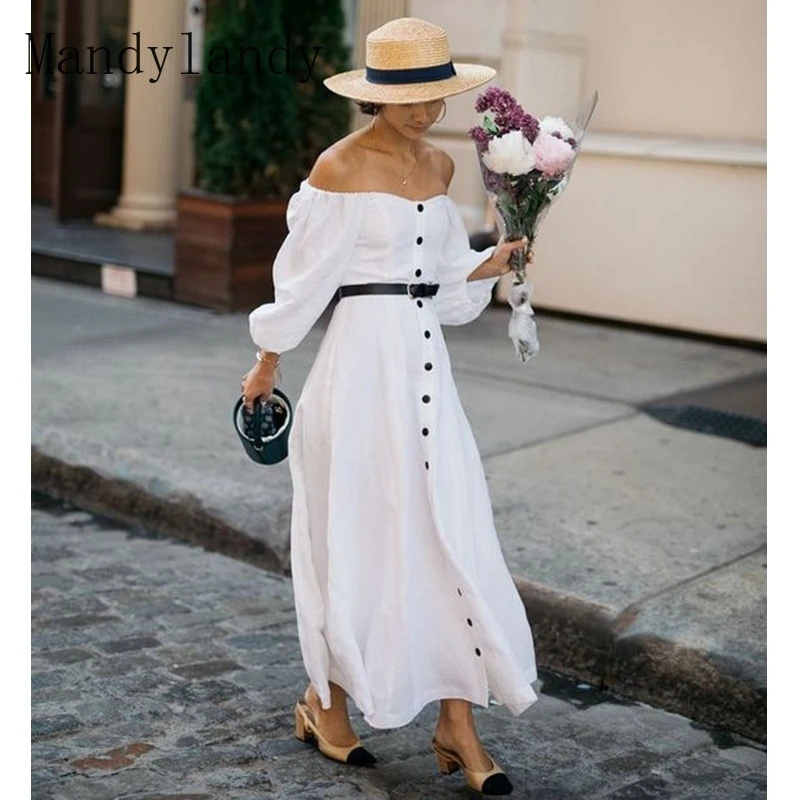 

Mandylandy Women's Casual Long Sleeve Strapless High Waist Split Dress Summer Sexy Solid Color Single-Breasted Slash Neck Dress