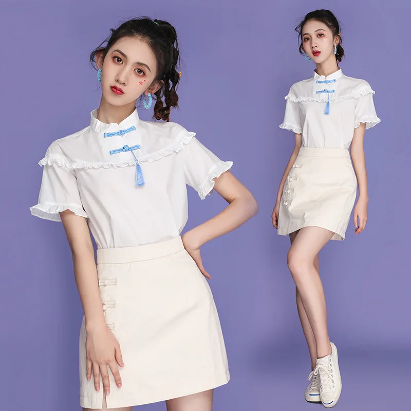 Женская блузка с коротким рукавом белая рубашка в китайском стиле